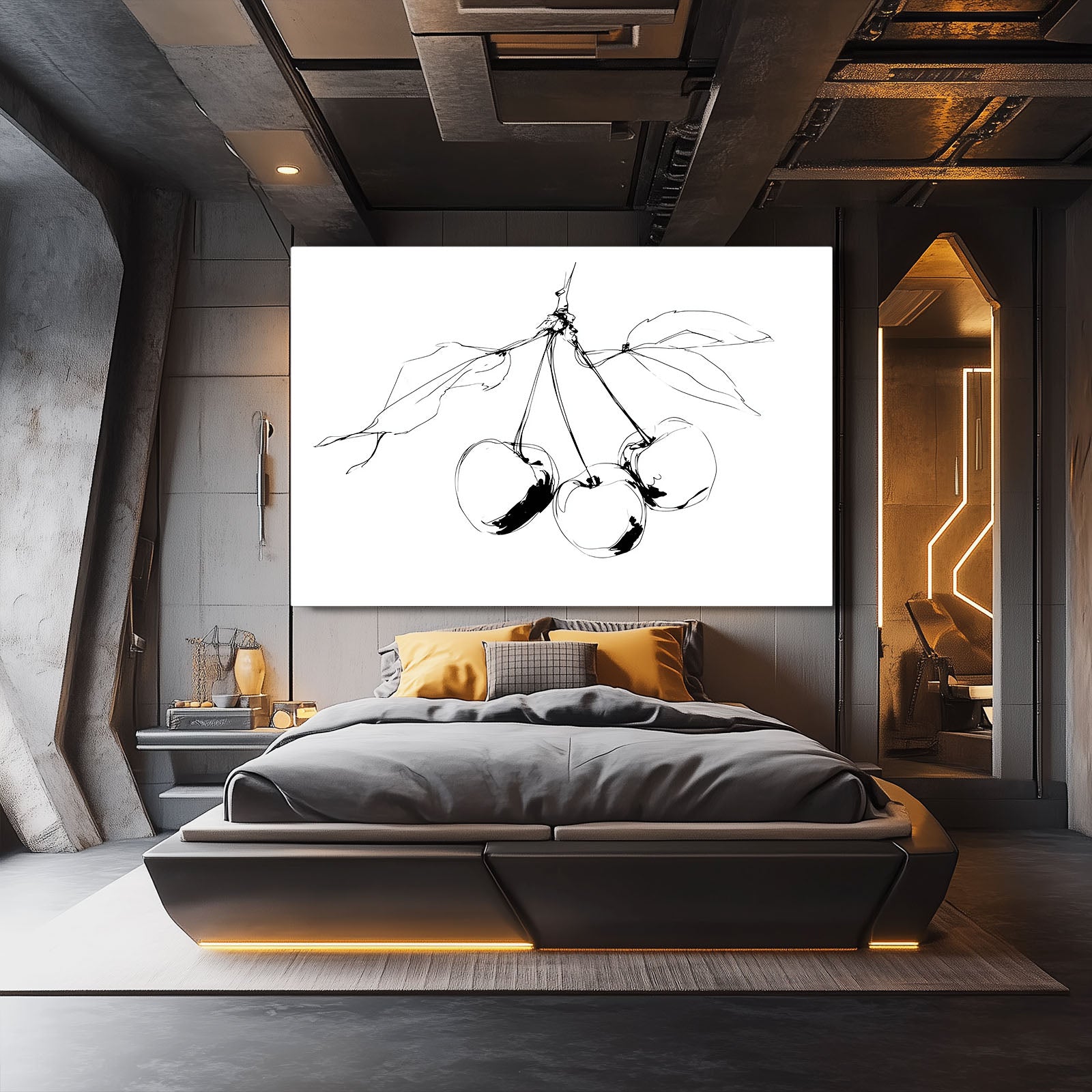 Line Cherry Sketch Fruit Wall Art – styled in a furnished interior