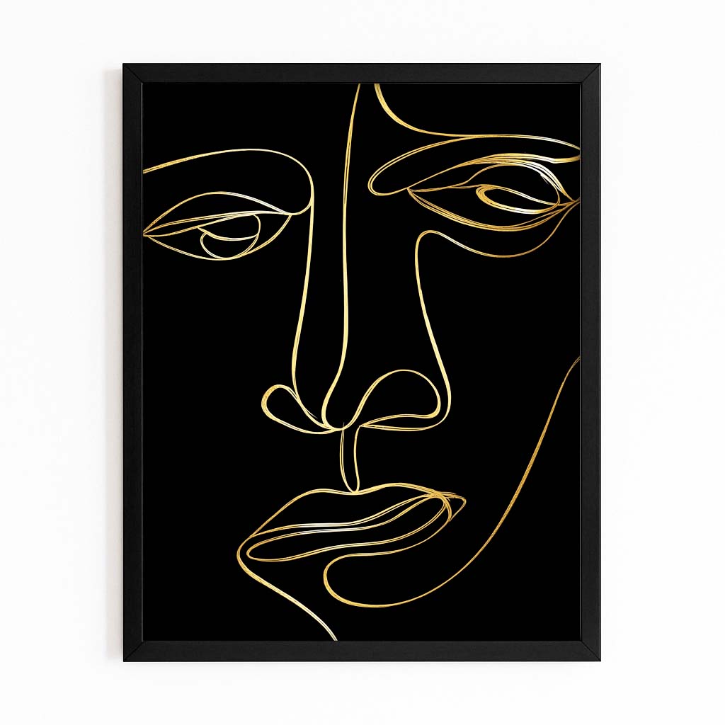 Line Face Portrait Gold Art – with Premium Black frame on white background