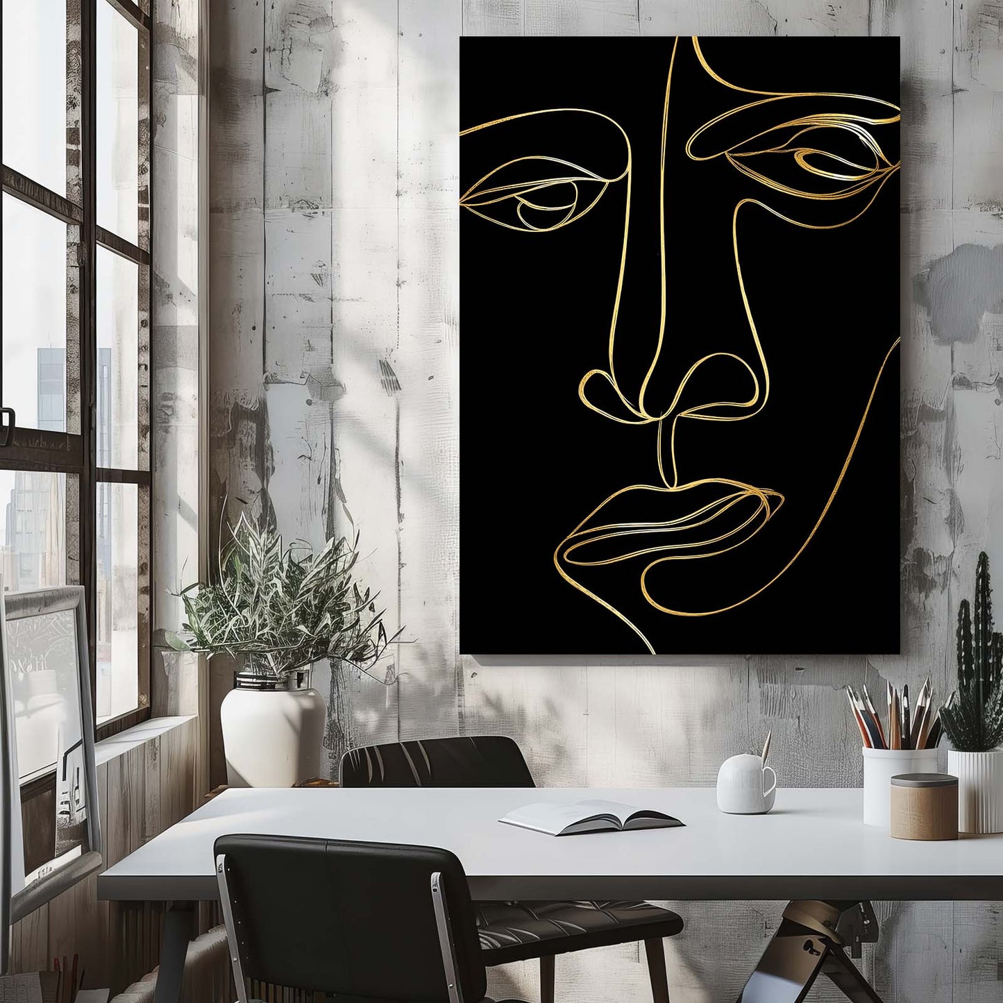 Line Face Portrait Gold Art – styled in a furnished interior