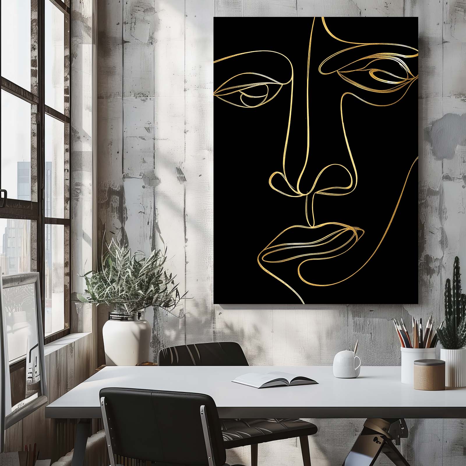 Line Face Portrait Gold Art – styled in a furnished interior