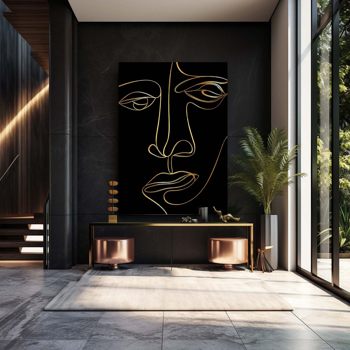 Line Face Portrait Gold Art – styled in a furnished interior