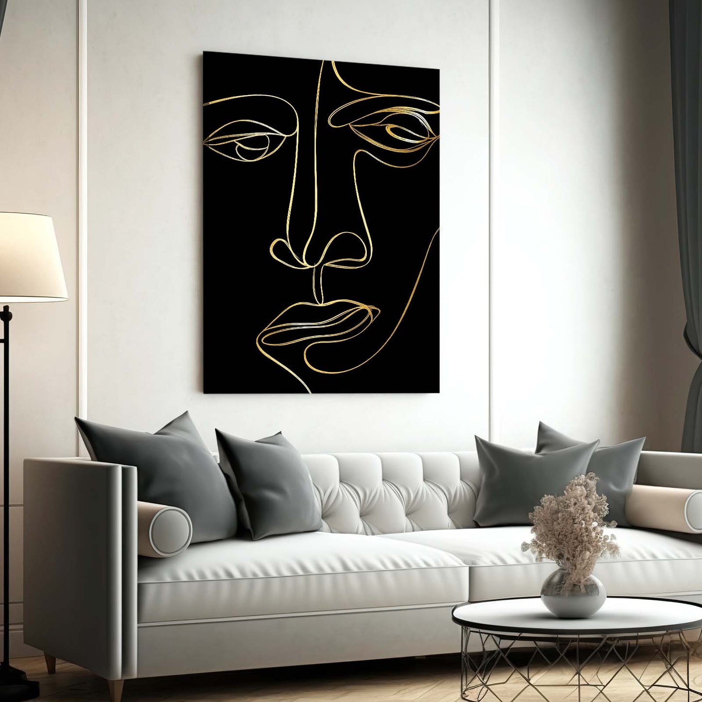 Line Face Portrait Gold Art – styled in a furnished interior