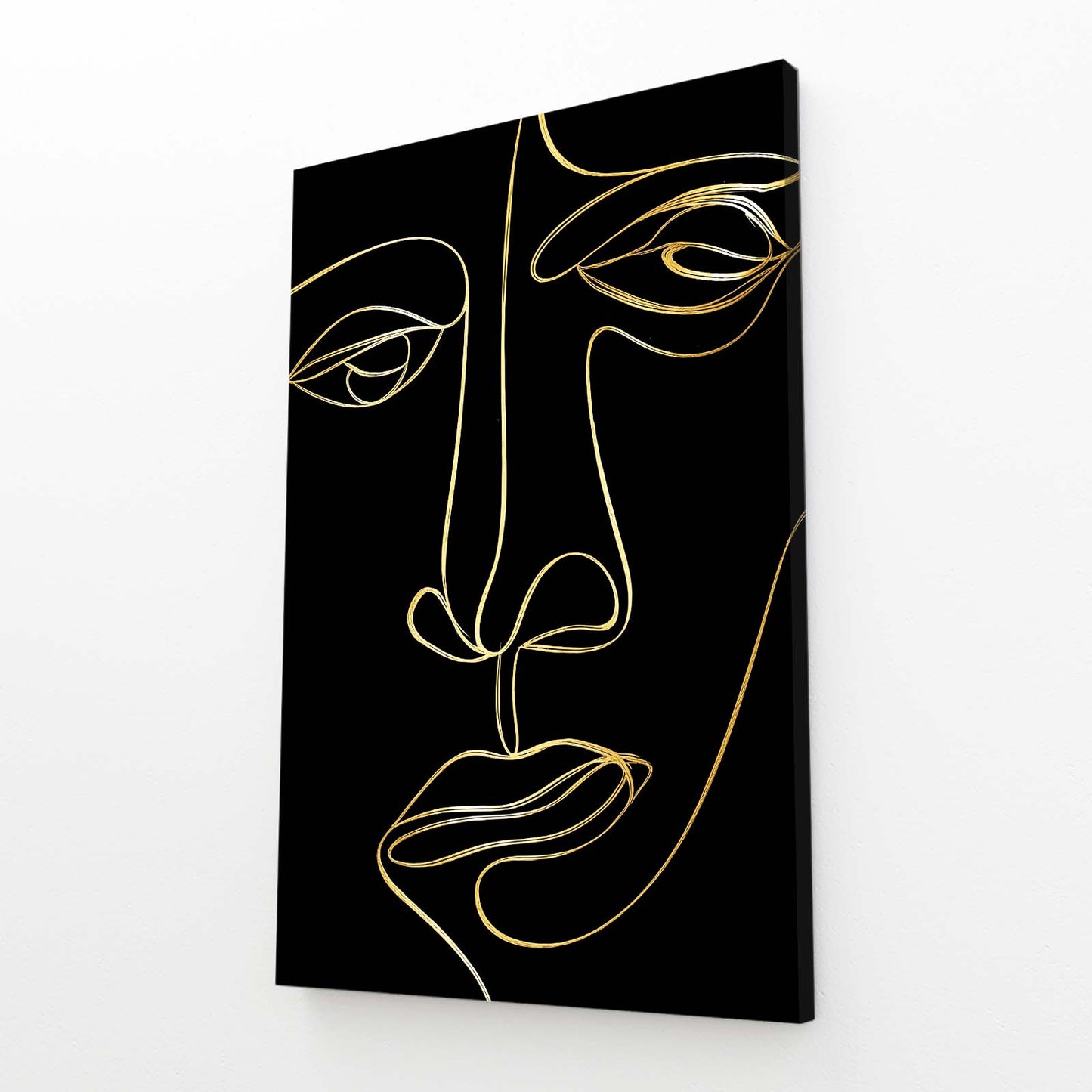 Line Face Portrait Gold Art – angled canvas view on white background