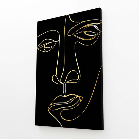 Line Face Portrait Gold Art – angled canvas view on white background