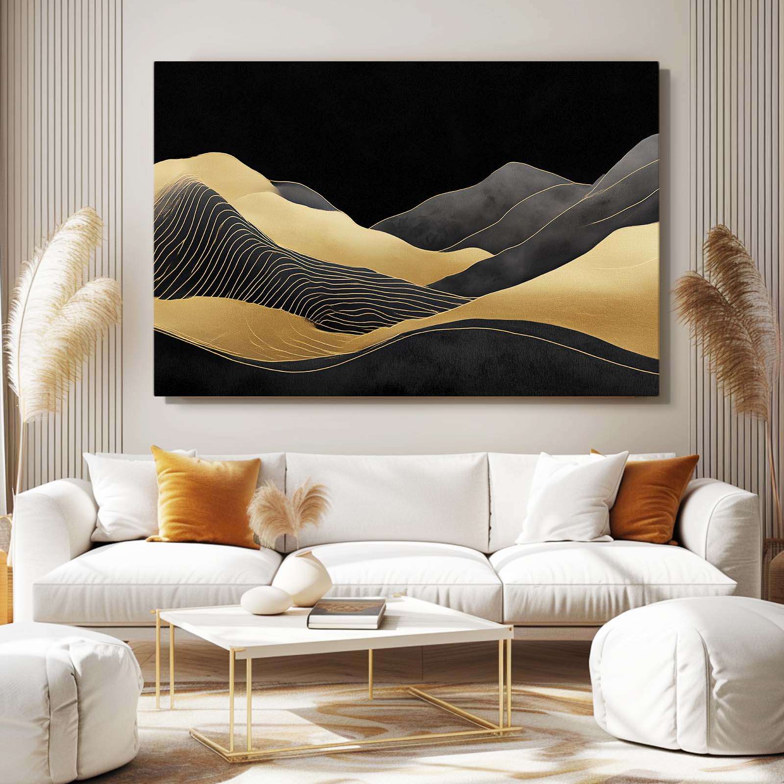 Line Hills Nightfall Gold Canvas Art – styled in a furnished interior