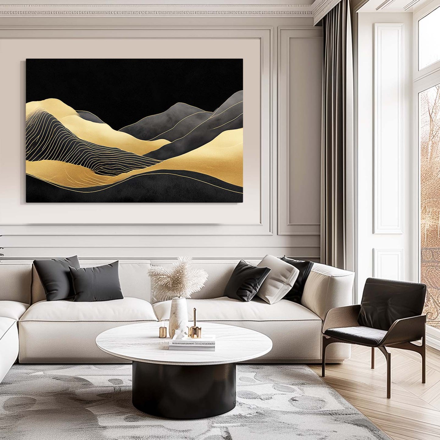 Line Hills Nightfall Gold Canvas Art – styled in a furnished interior