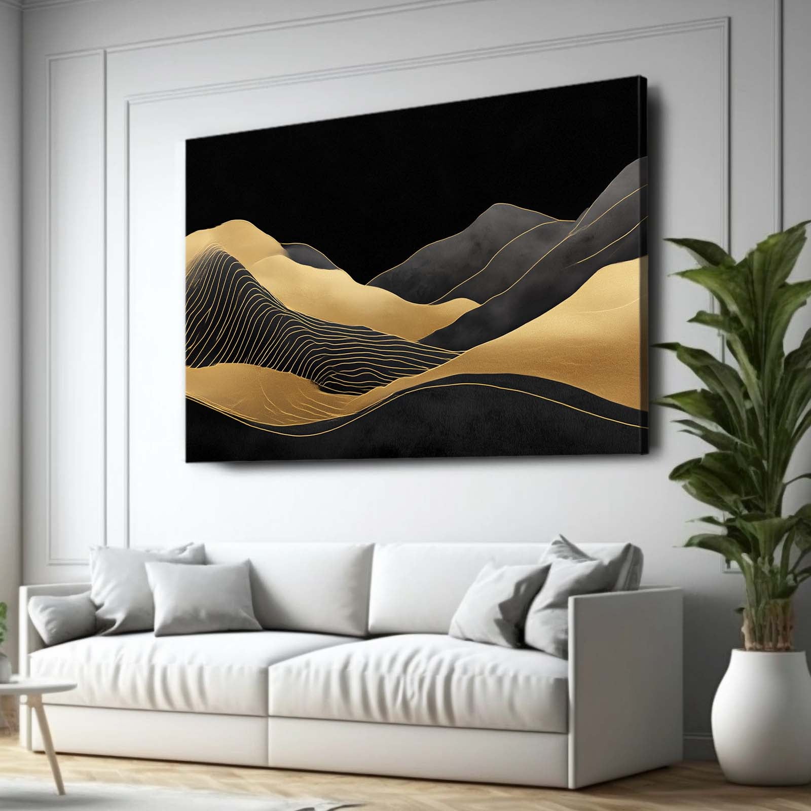 Line Hills Nightfall Gold Canvas Art – styled in a furnished interior