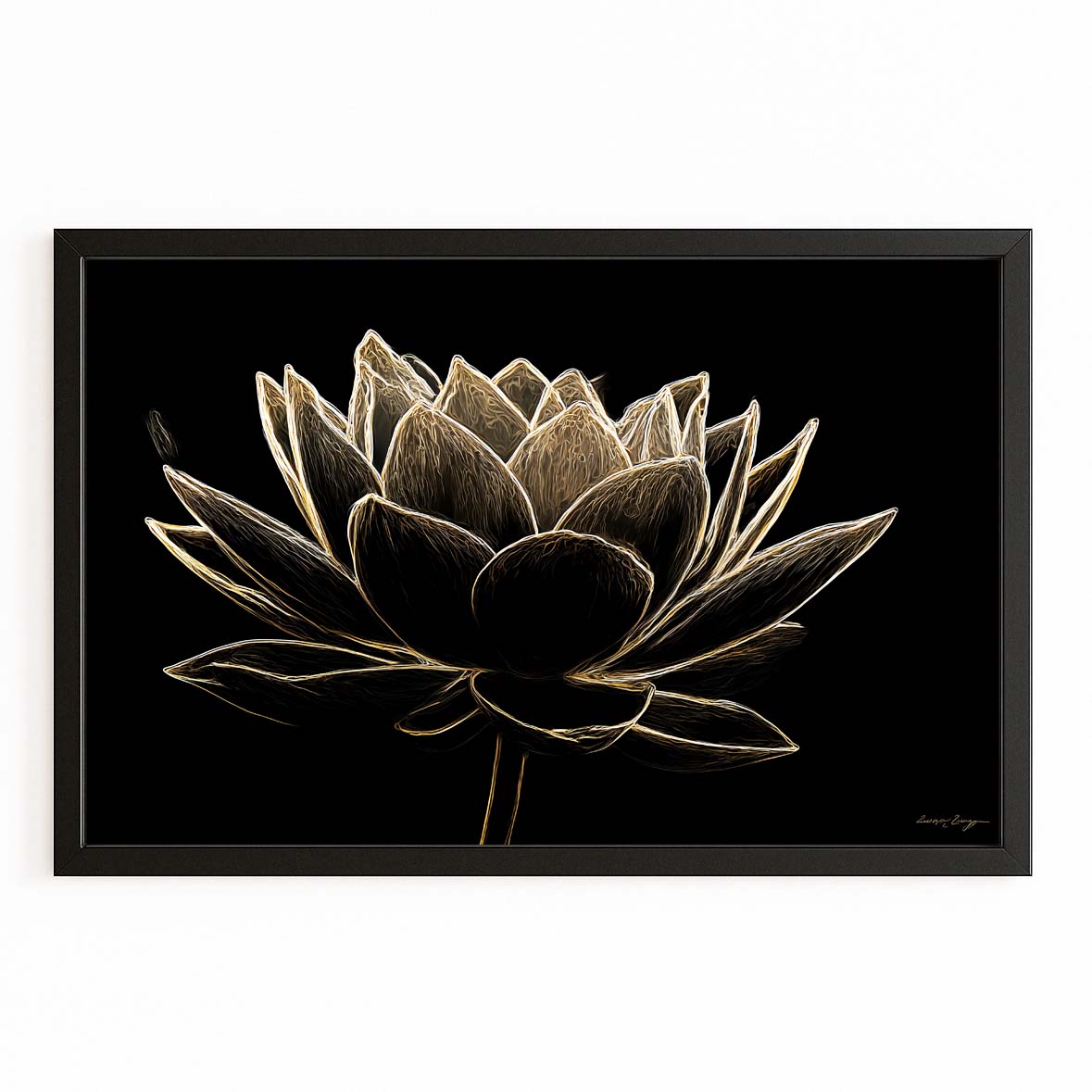 Line Lotus Bloom Gold Canvas Art – with Premium Black frame on white background