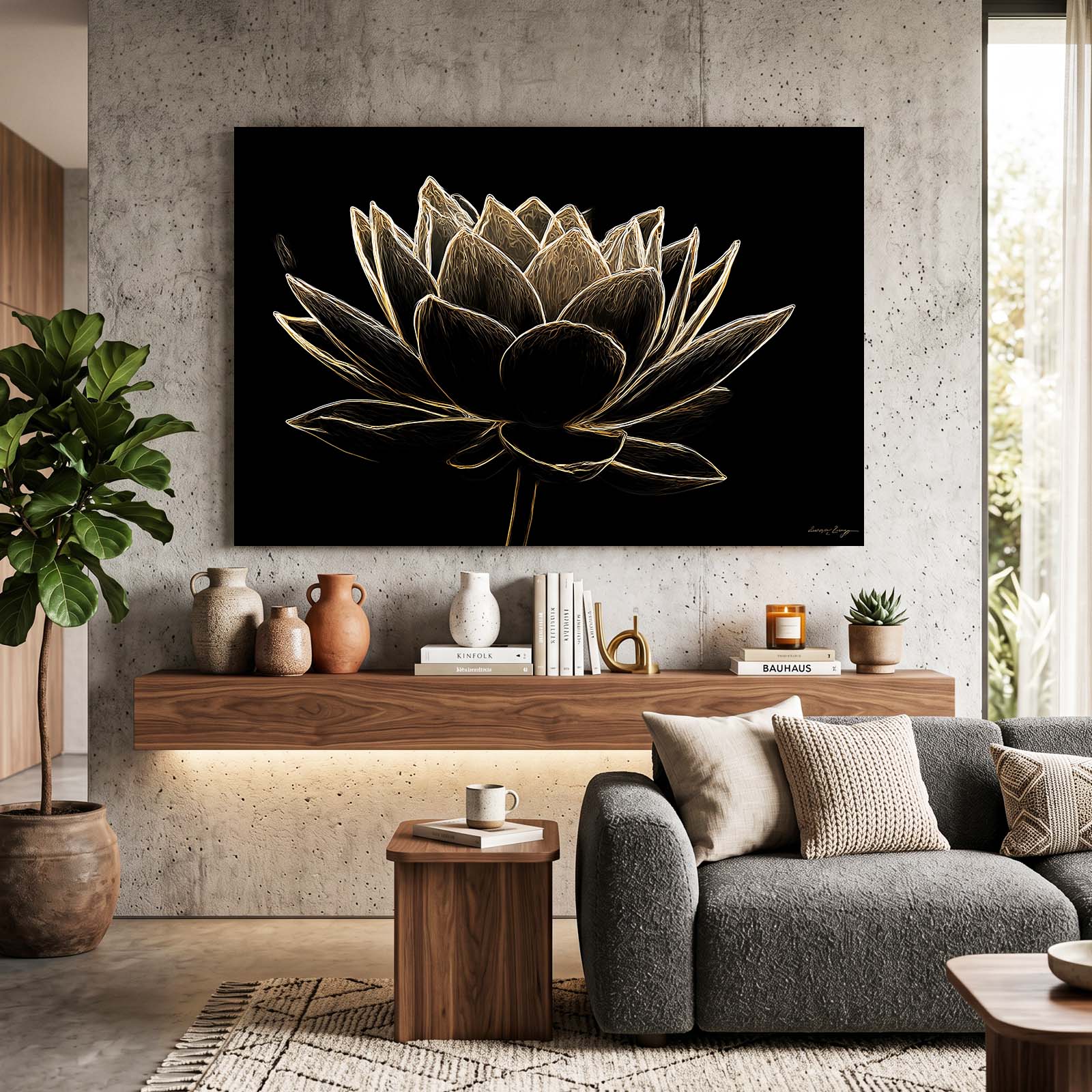 Line Lotus Bloom Gold Canvas Art – styled in a furnished interior