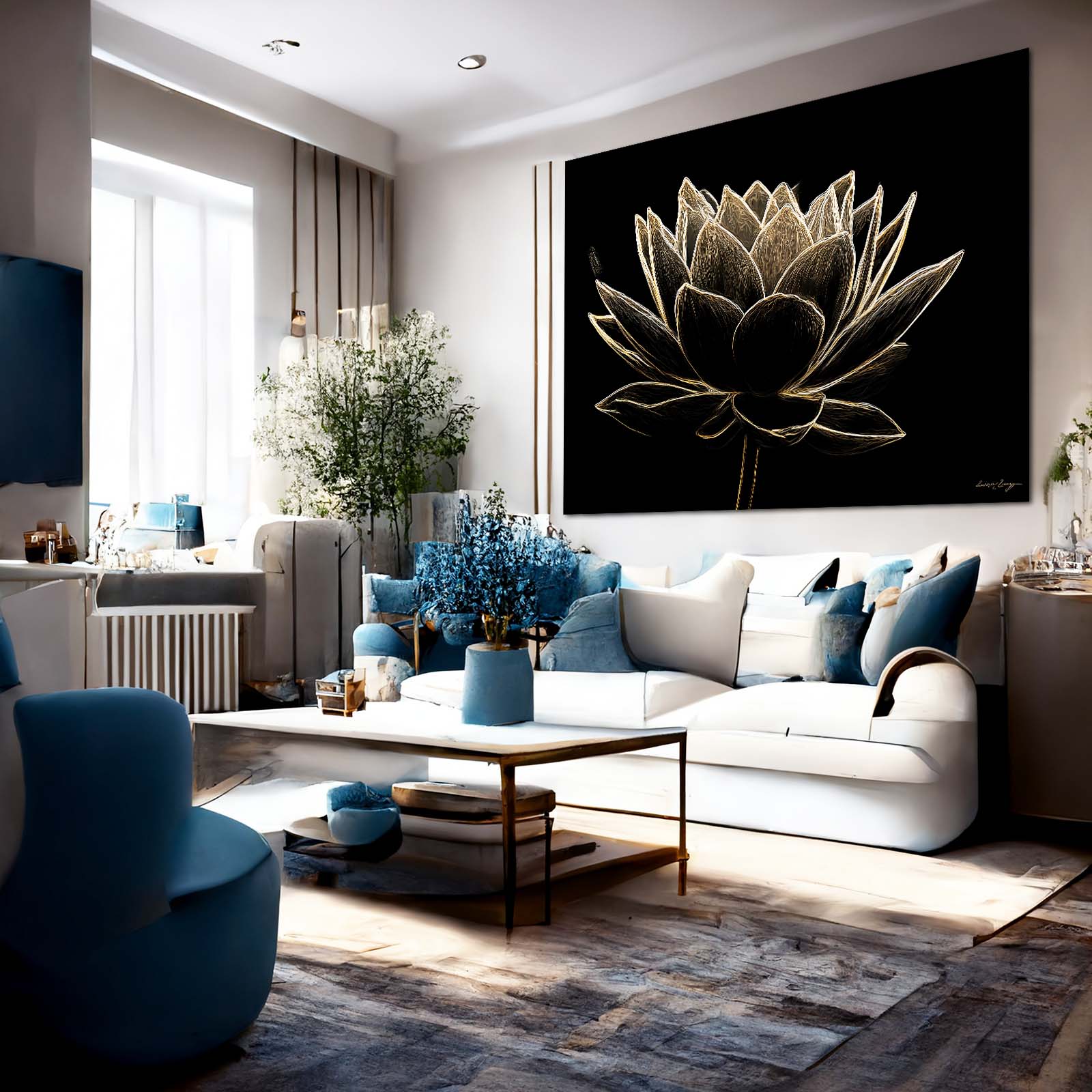 Line Lotus Bloom Gold Canvas Art – styled in a furnished interior
