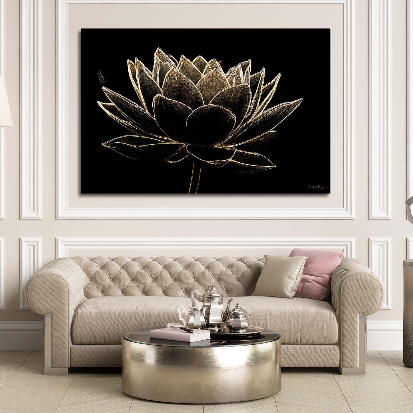 Line Lotus Bloom Gold Canvas Art – styled in a furnished interior