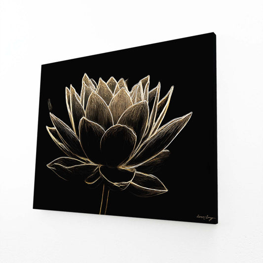 Line Lotus Bloom Gold Canvas Art – angled canvas view on white background