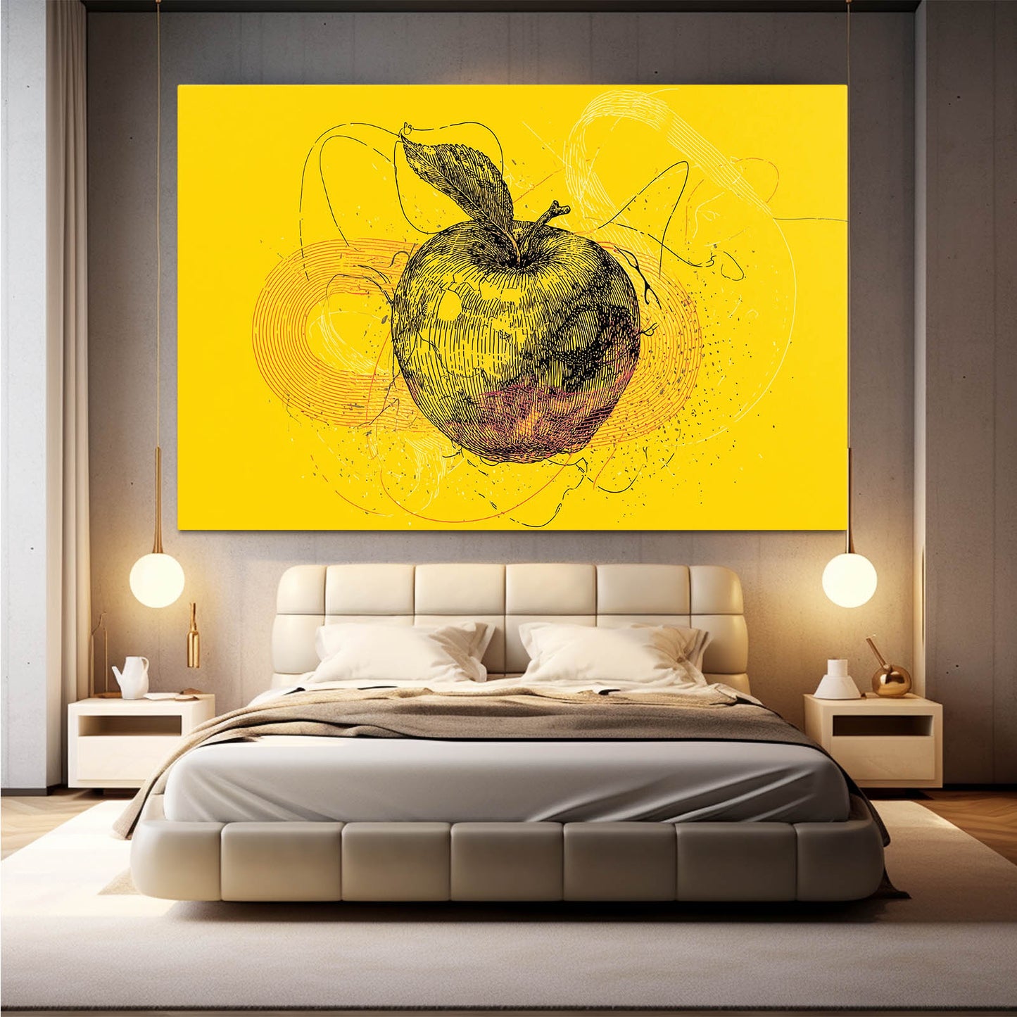 Line Sketch Yellow Apple Prints – styled in a furnished interior