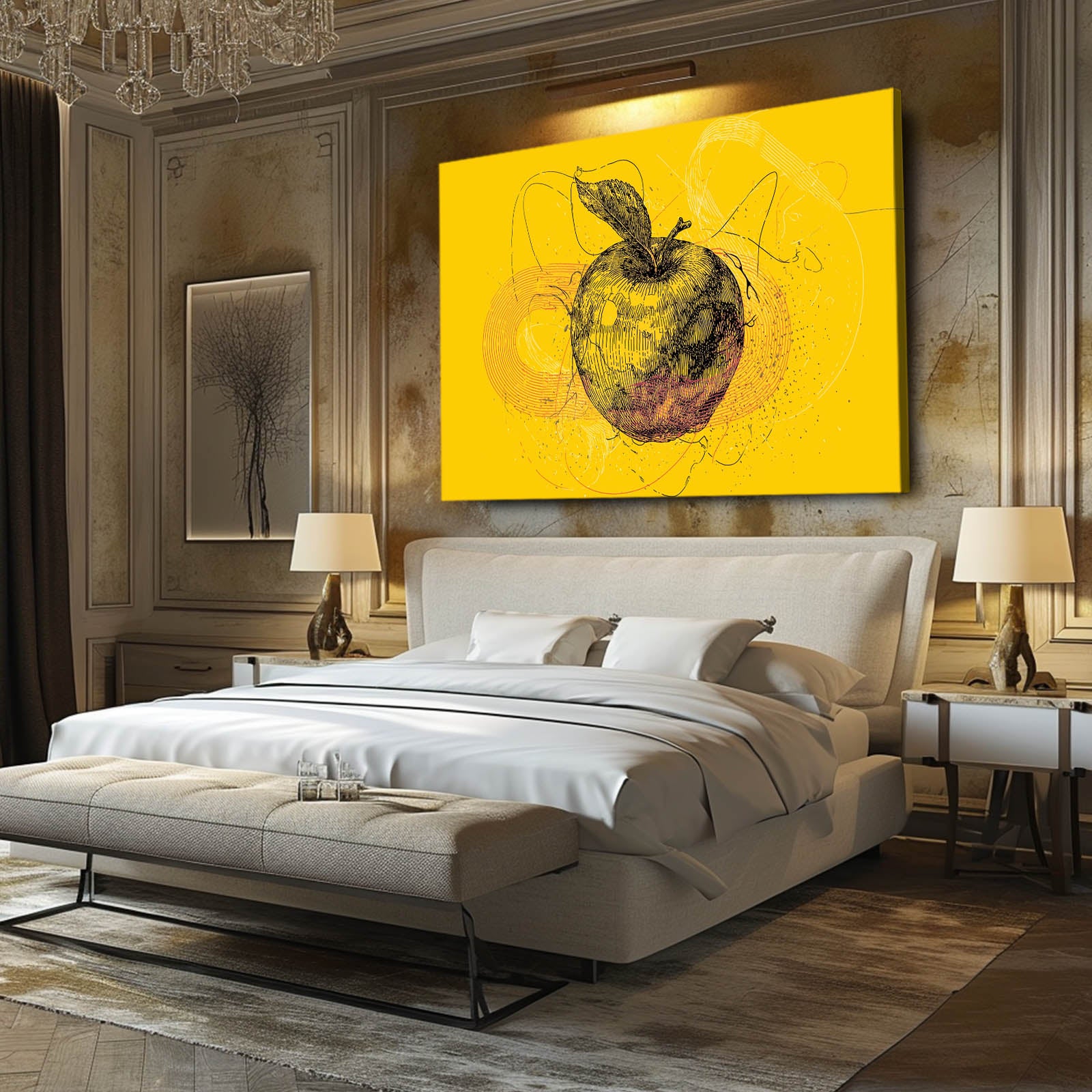 Line Sketch Yellow Apple Prints – styled in a furnished interior