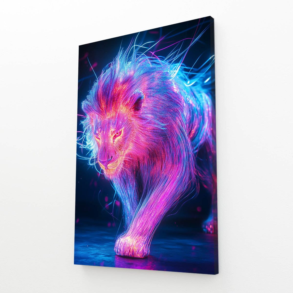 Lion Canvas Prints — digital canvas print in blue tones, angled canvas view on white background