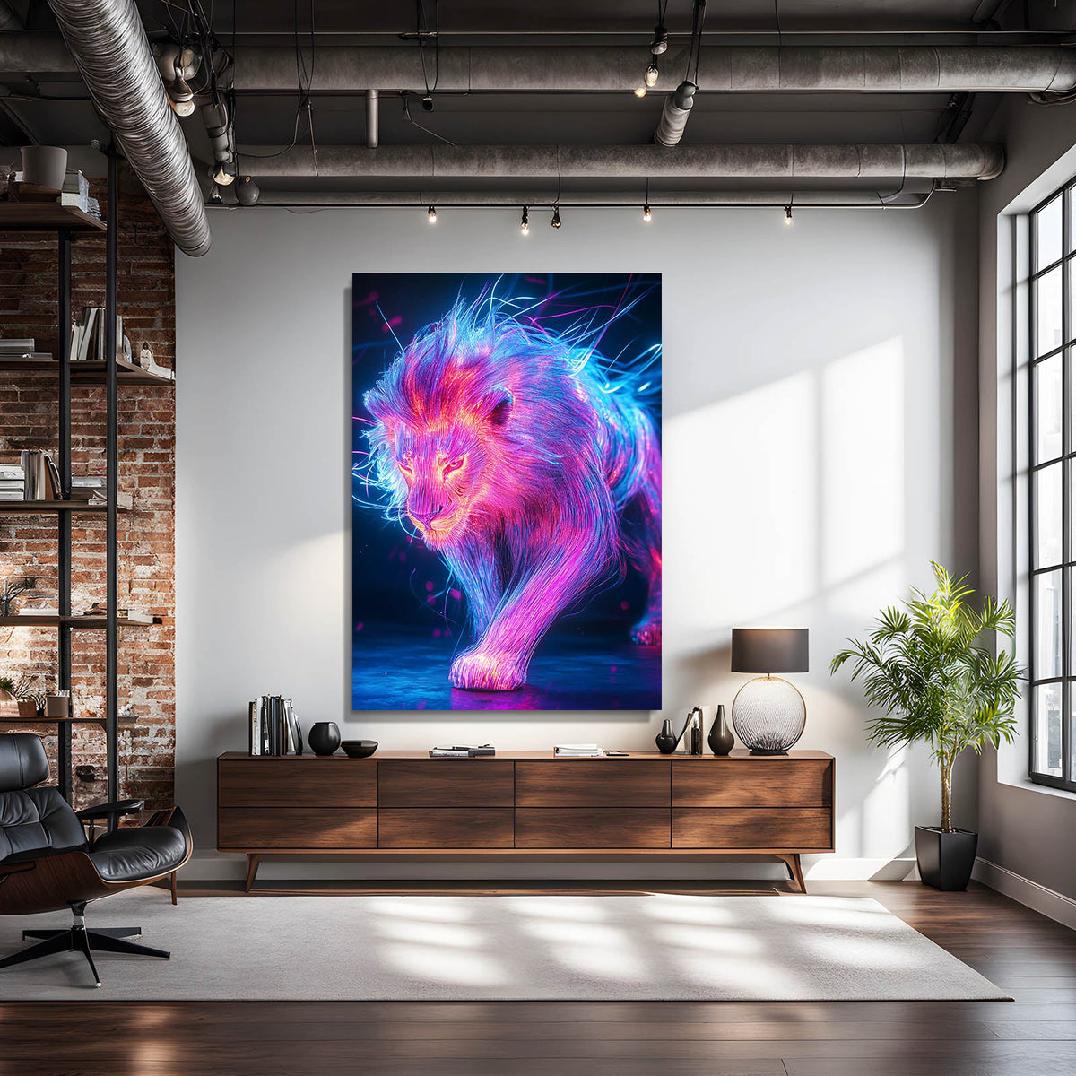Lion Canvas Prints — digital canvas print in blue tones, styled in a furnished interior