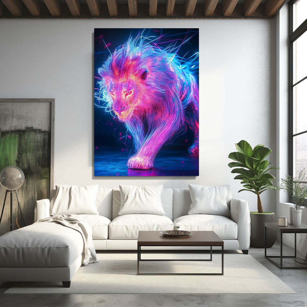 Lion Canvas Prints — digital canvas print in blue tones, styled in a furnished interior