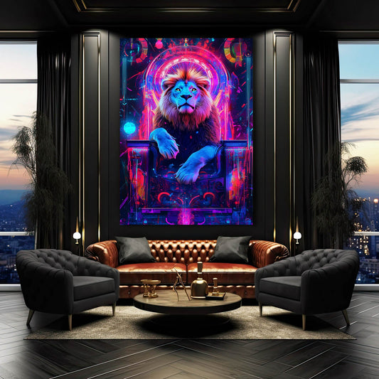 Lion Crown Art — cyberpunk canvas print in blue tones, view 3