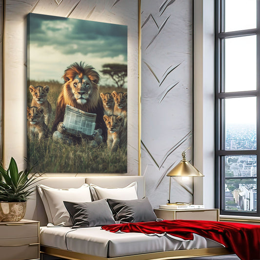 Lion Family Reading Artwork — photography canvas print in brown tones, view 3