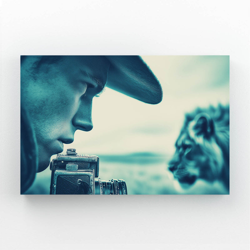 Lion Gaze Wall Art Photography – man and lion facing each other in teal haze