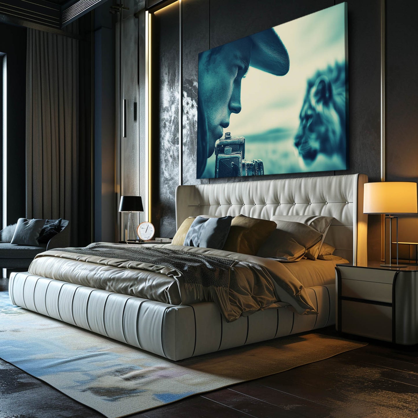Lion Gaze Wall Art Photography – above a cream bed in a soft-lit bedroom