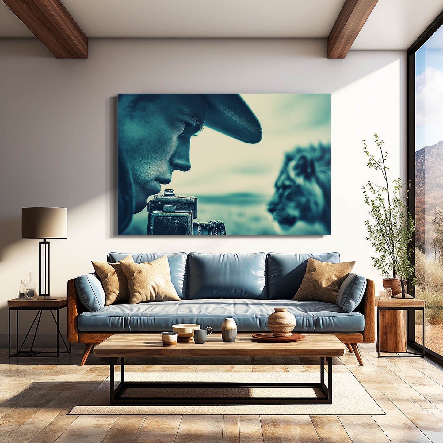 Lion Gaze Wall Art Photography – above a blue sofa in a wood-beamed living room