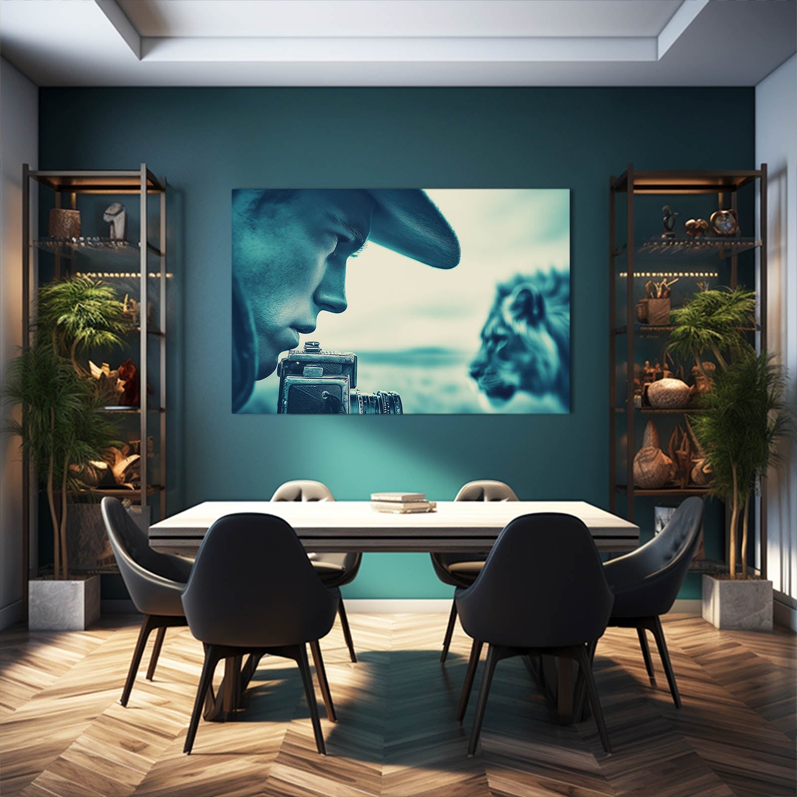 Lion Gaze Wall Art Photography – in a dark dining room with display cabinets