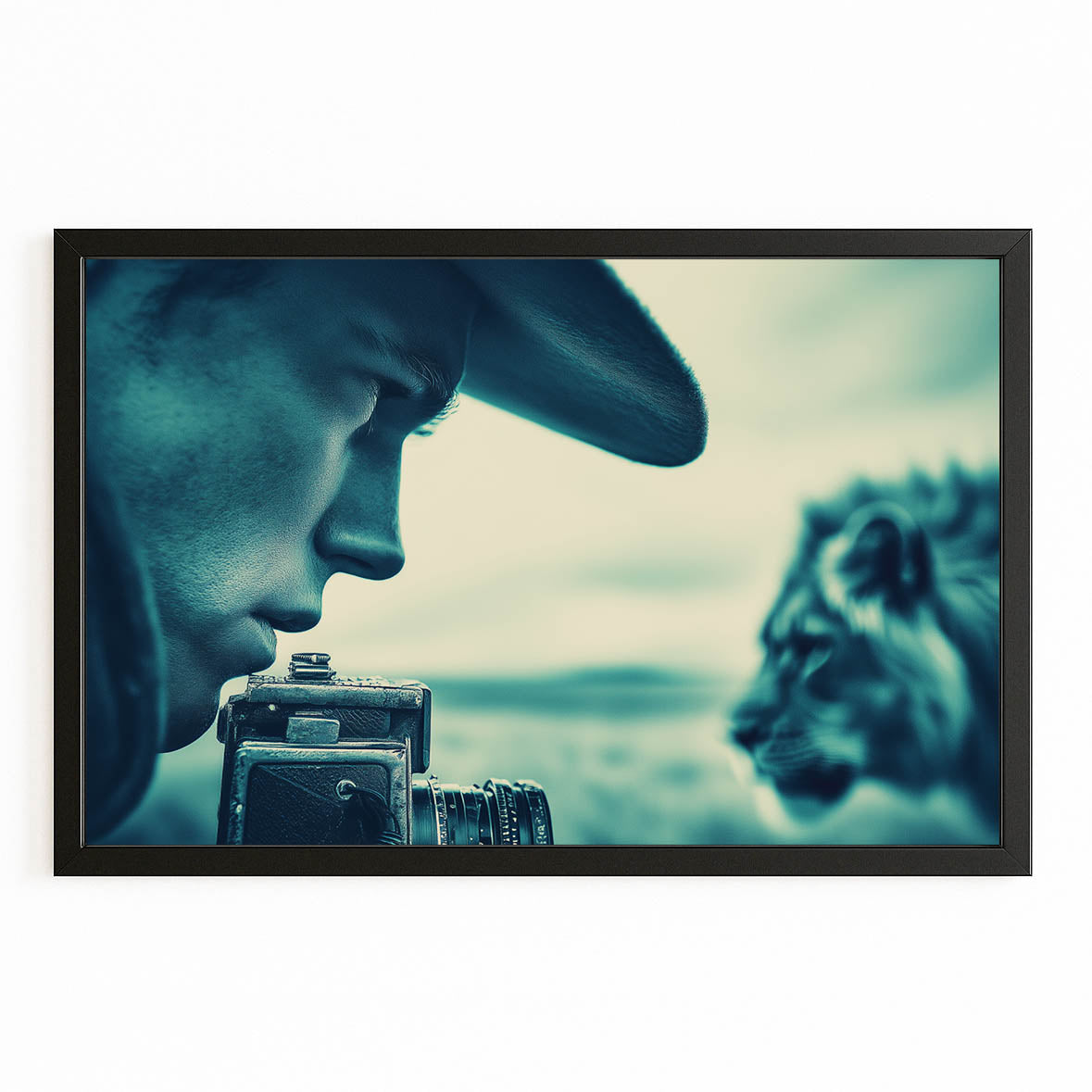 Lion Gaze Wall Art Photography — photography canvas print, with Premium Black frame on white background