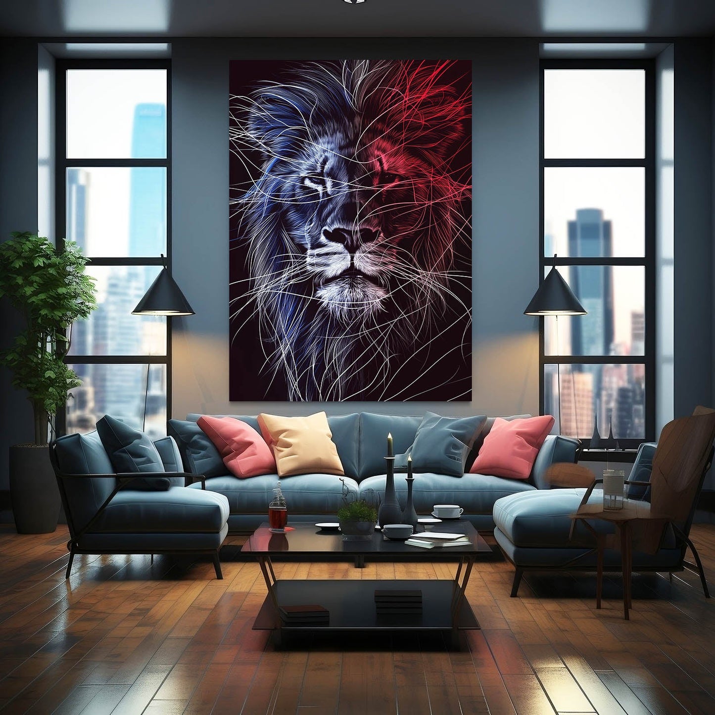 Lion Line Art — line canvas print in red tones, view 3
