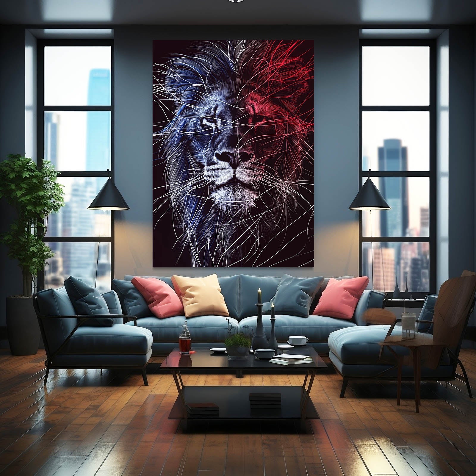 Lion Line Art — line canvas print in red tones, view 3