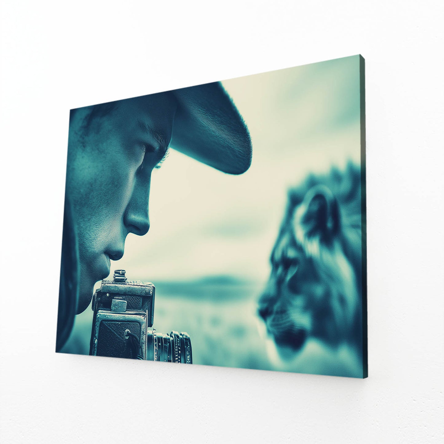 Lion Profile Double Exposure Photography Prints – angled canvas view on white background