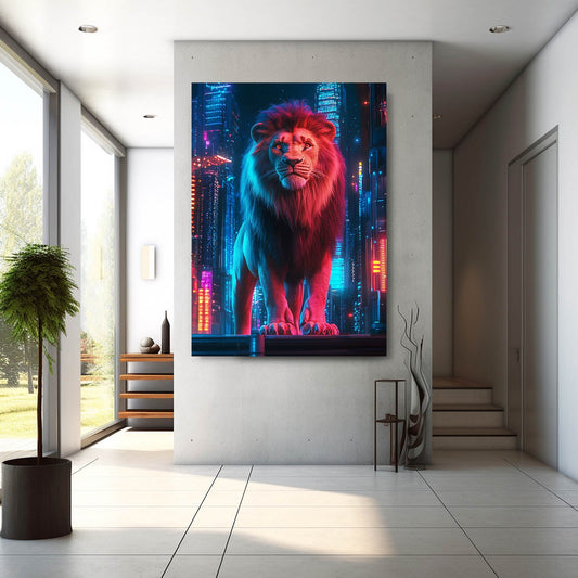 Lion Soldier Art — cyberpunk canvas print in blue tones, view 3