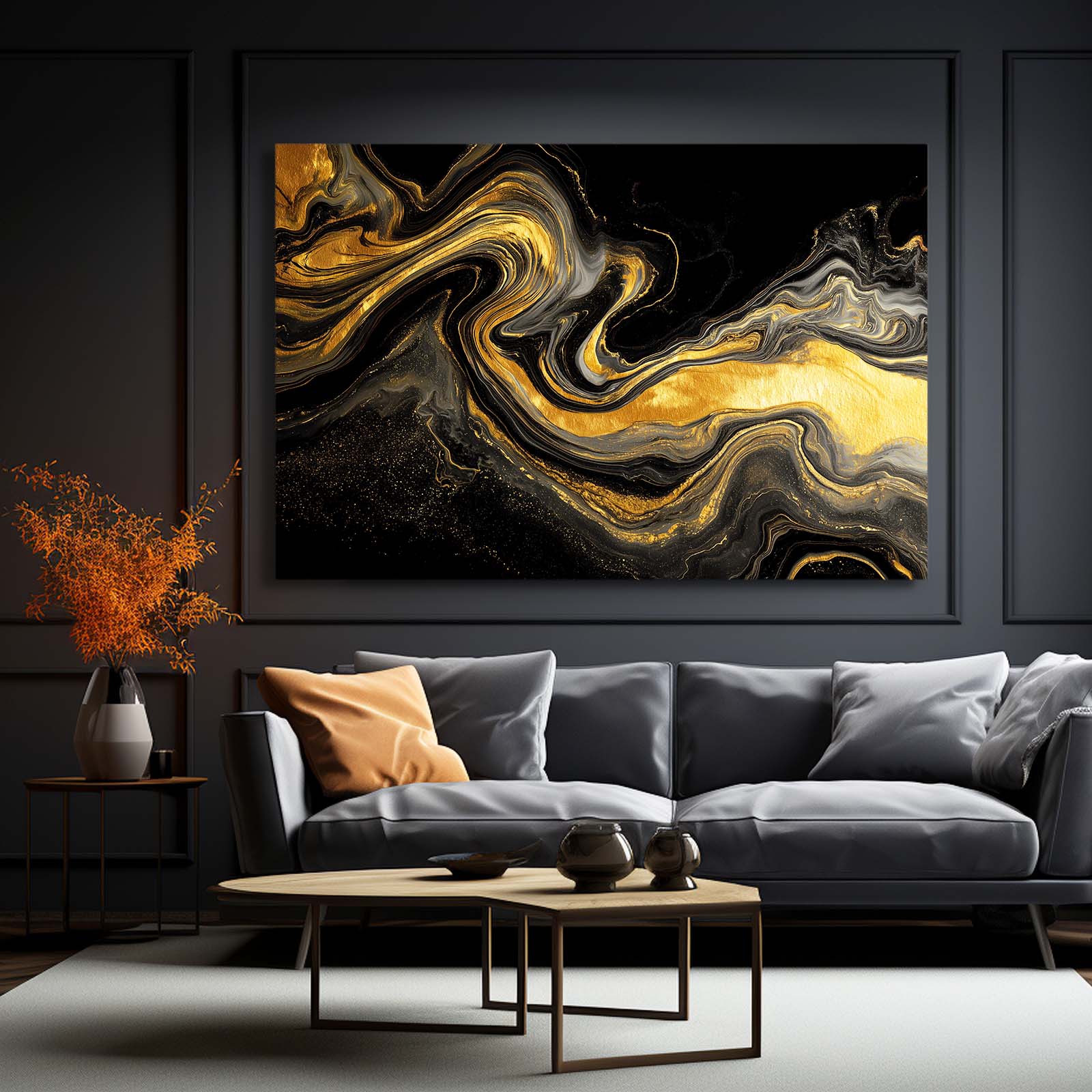 Liquid Gold Marble Art – styled in a furnished interior