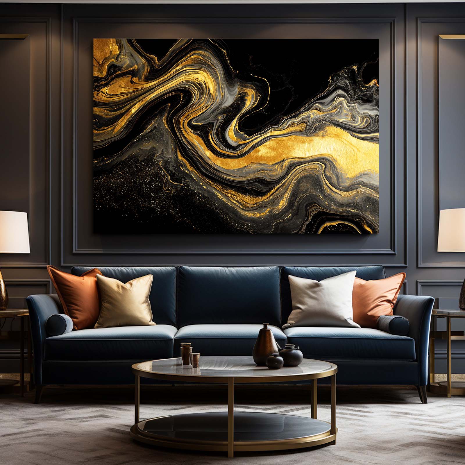 Liquid Gold Marble Art – styled in a furnished interior