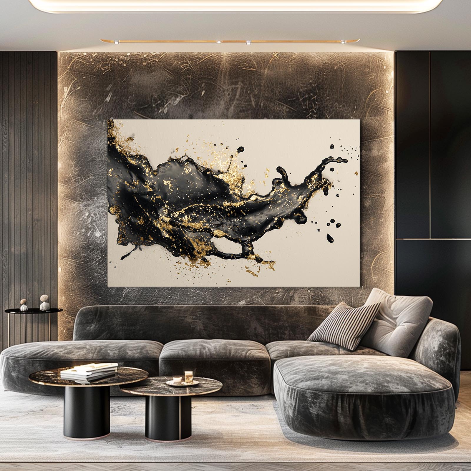 Liquid Ink Burst Gold Wall Art – styled in a furnished interior
