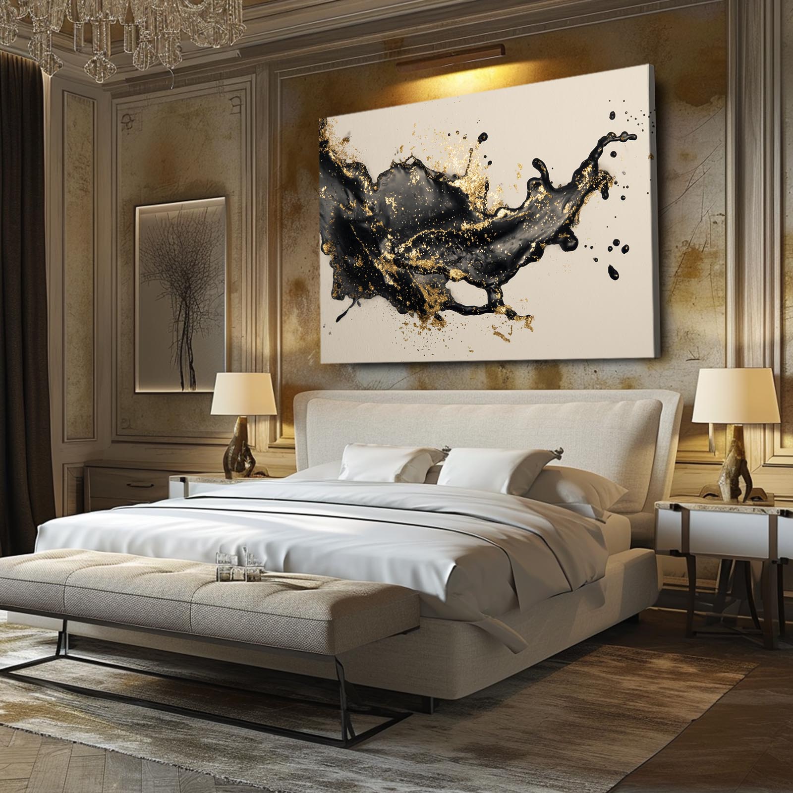 Liquid Ink Burst Gold Wall Art – styled in a furnished interior