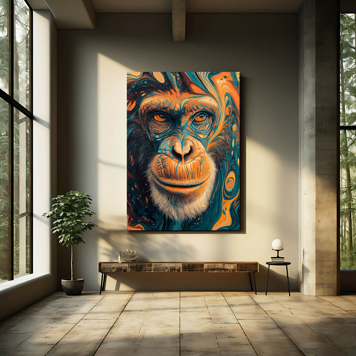 Liquid Marble Face Monkey Wall Decor — abstract canvas print, styled in a furnished interior