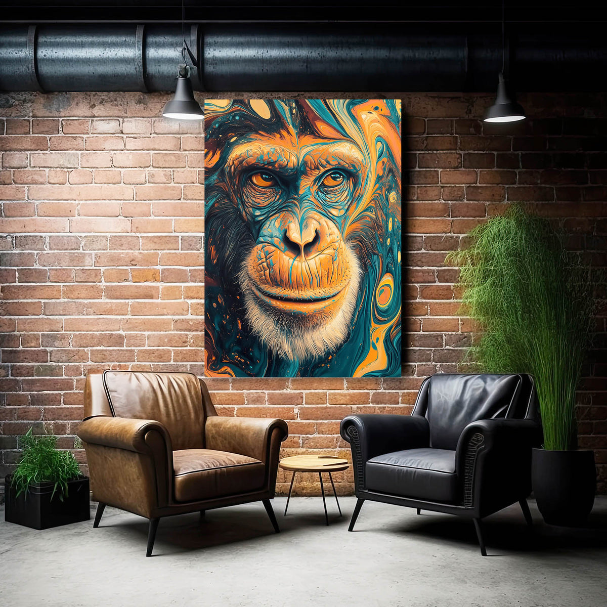 Liquid Marble Face Monkey Wall Decor — abstract canvas print, styled in a furnished interior