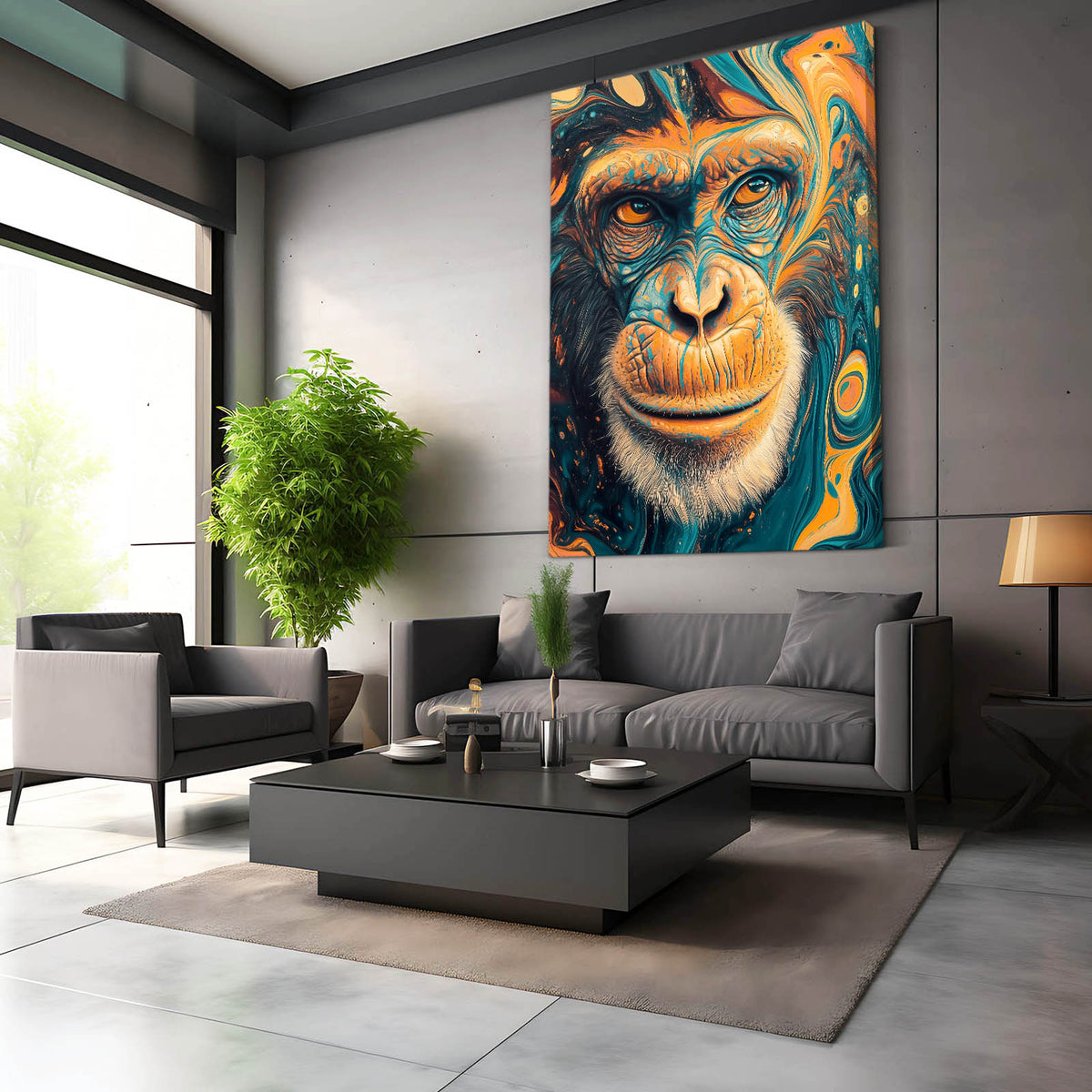 Liquid Marble Face Monkey Wall Decor — abstract canvas print, styled in a furnished interior