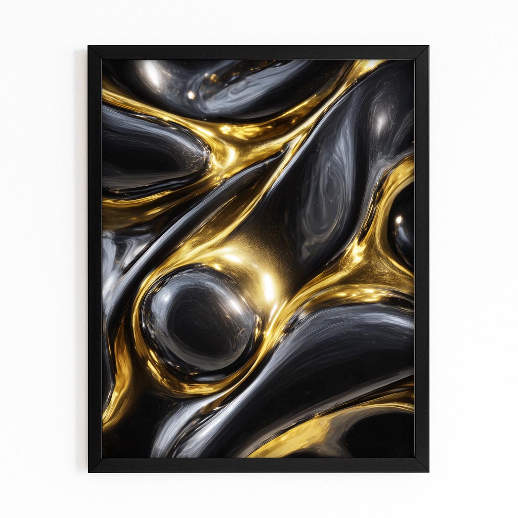 Liquid Metal Flow Gold Wall Decor – with Premium Black frame on white background