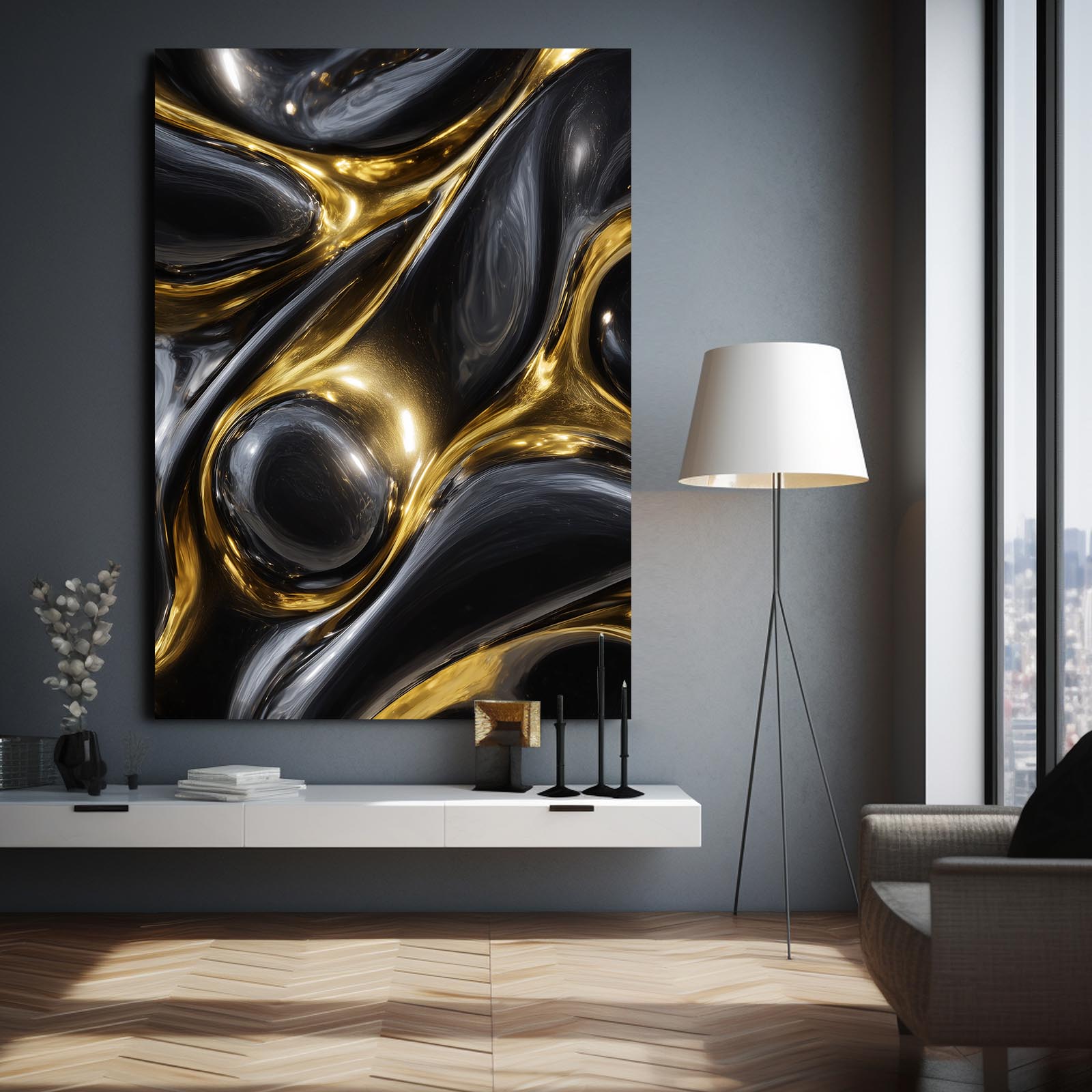 Liquid Metal Flow Gold Wall Decor – styled in a furnished interior