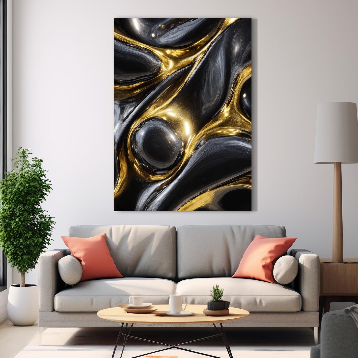 Liquid Metal Flow Gold Wall Decor – styled in a furnished interior