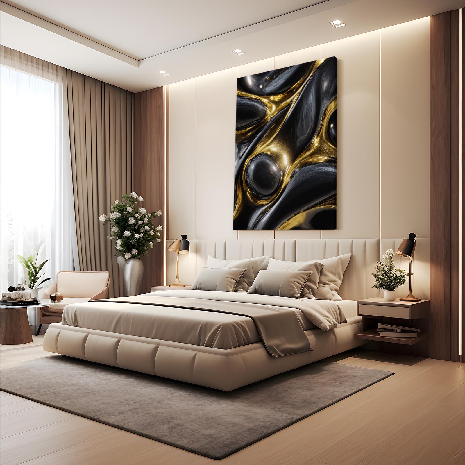 Liquid Metal Flow Gold Wall Decor – styled in a furnished interior