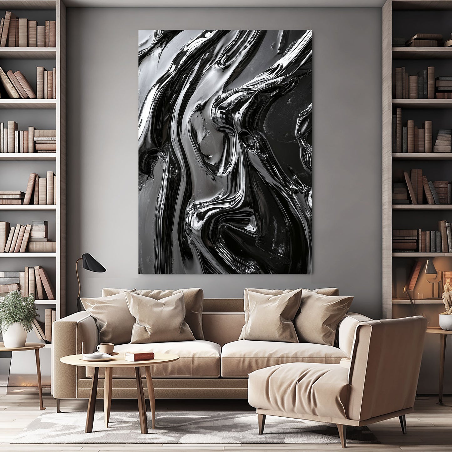 Liquid Obsidian Flow Abstract Wall Art – styled in a furnished interior