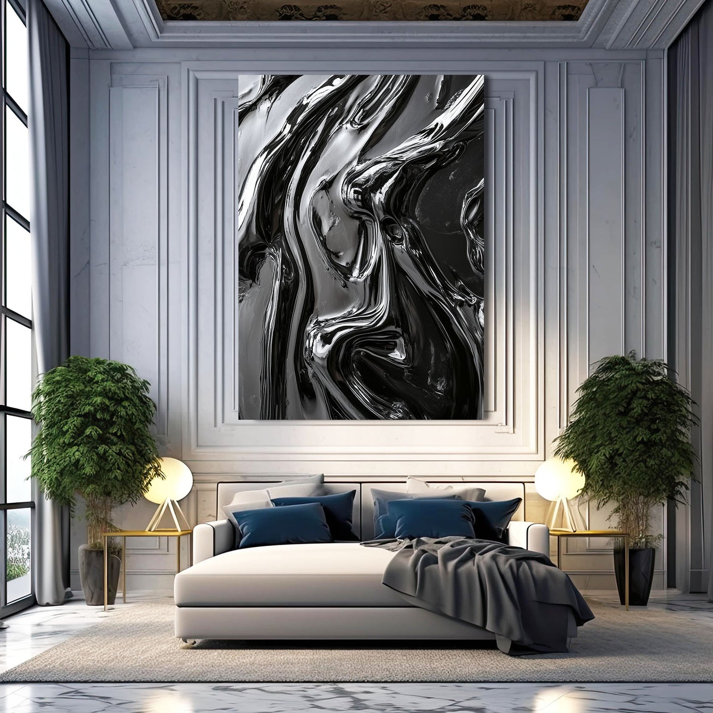 Liquid Obsidian Flow Abstract Wall Art – styled in a furnished interior