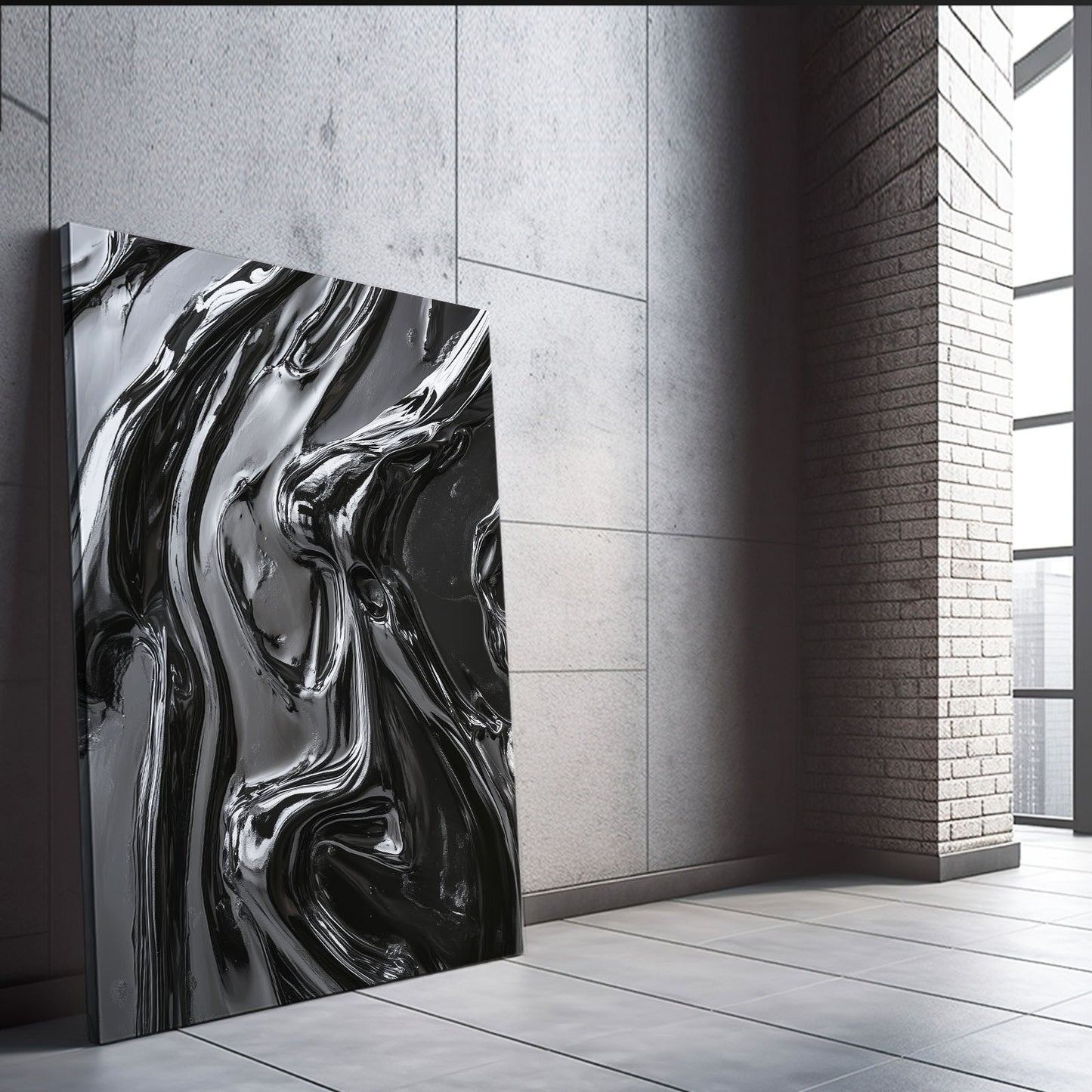 Liquid Obsidian Flow Abstract Wall Art – styled in a furnished interior