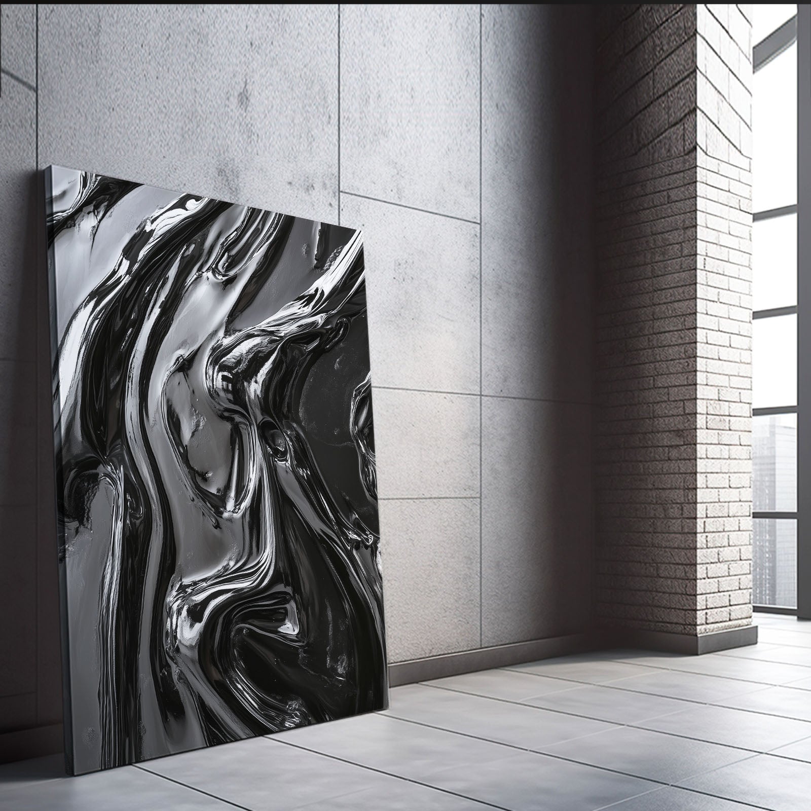 Liquid Obsidian Flow Abstract Wall Art – styled in a furnished interior