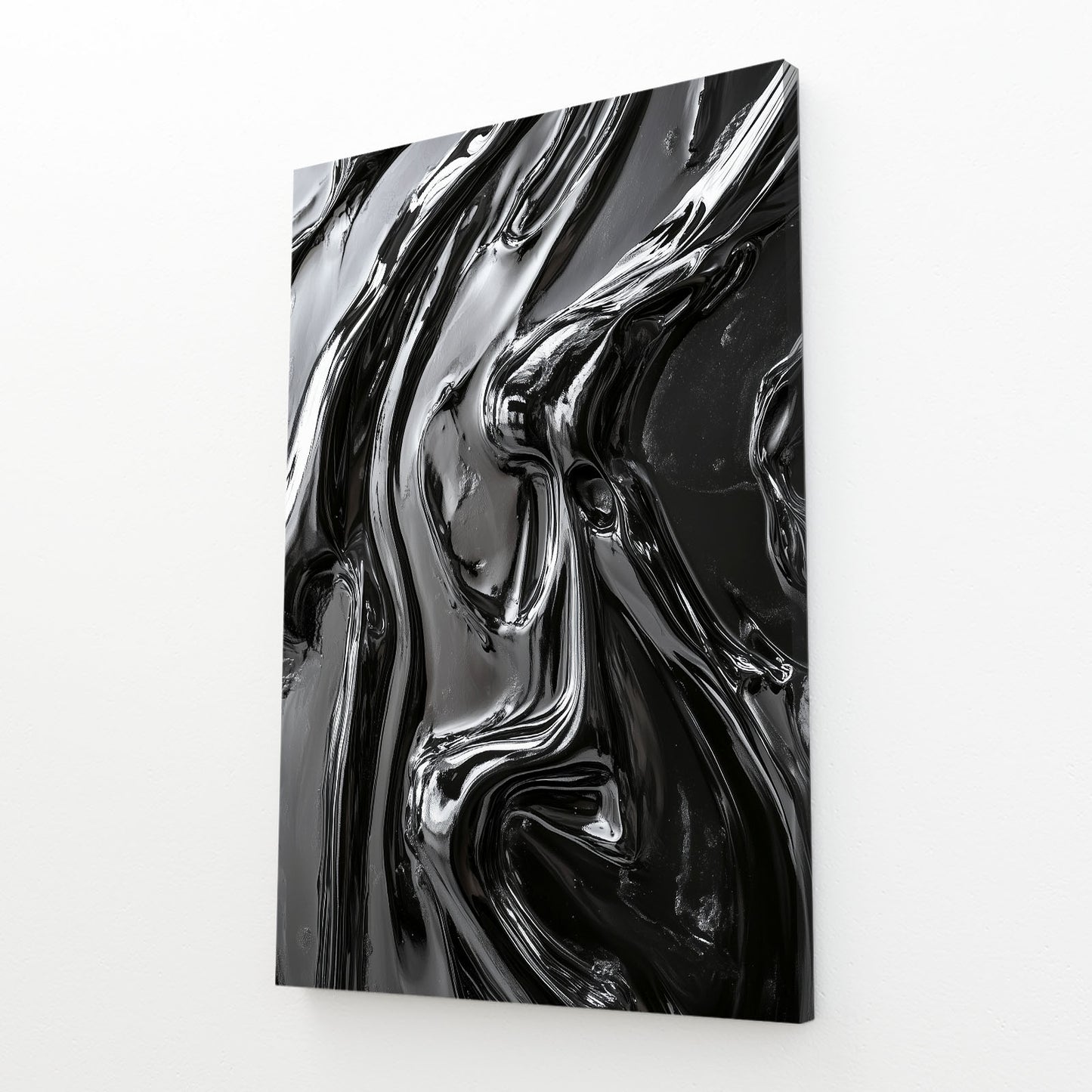 Liquid Obsidian Flow Abstract Wall Art – angled canvas view on white background
