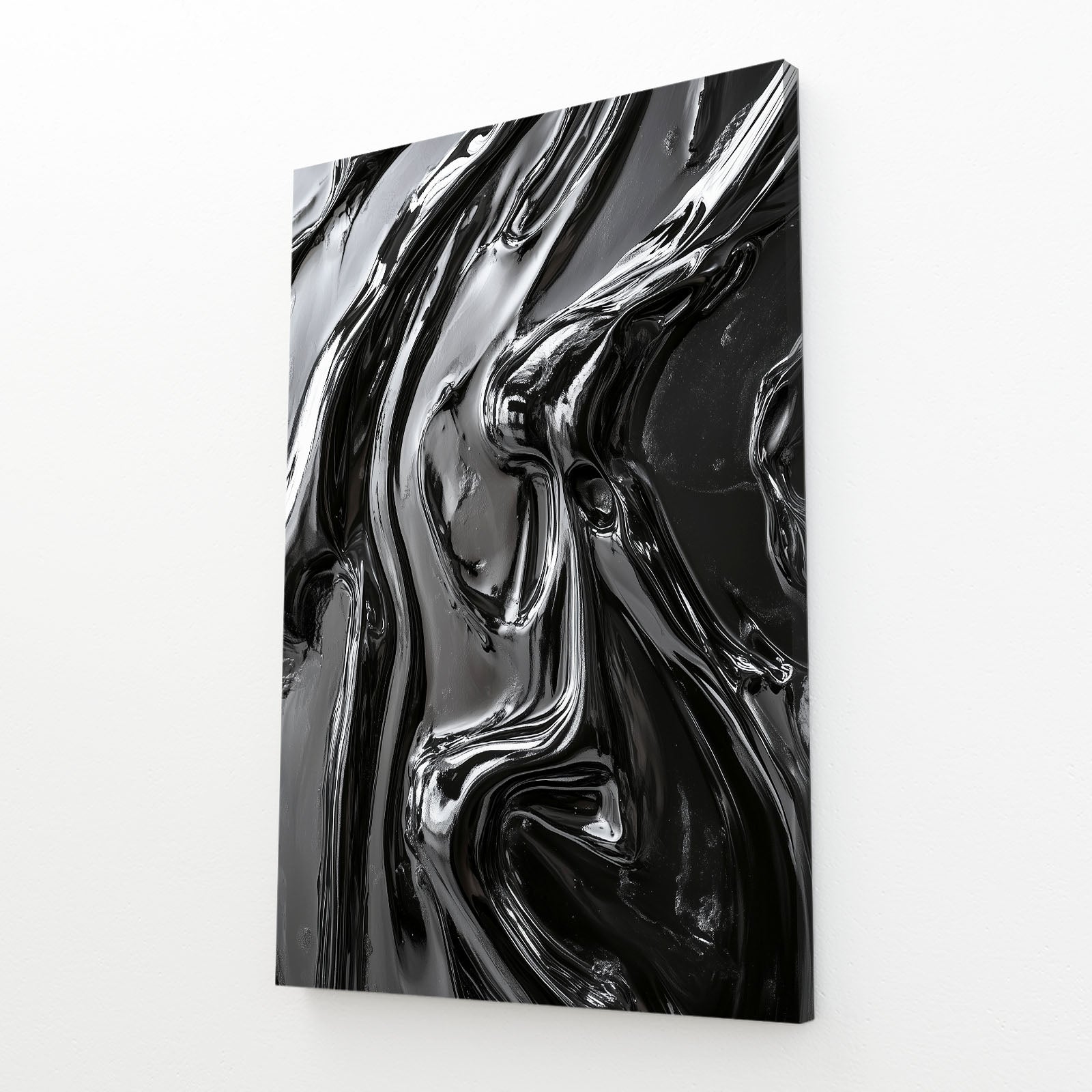 Liquid Obsidian Flow Abstract Wall Art – angled canvas view on white background