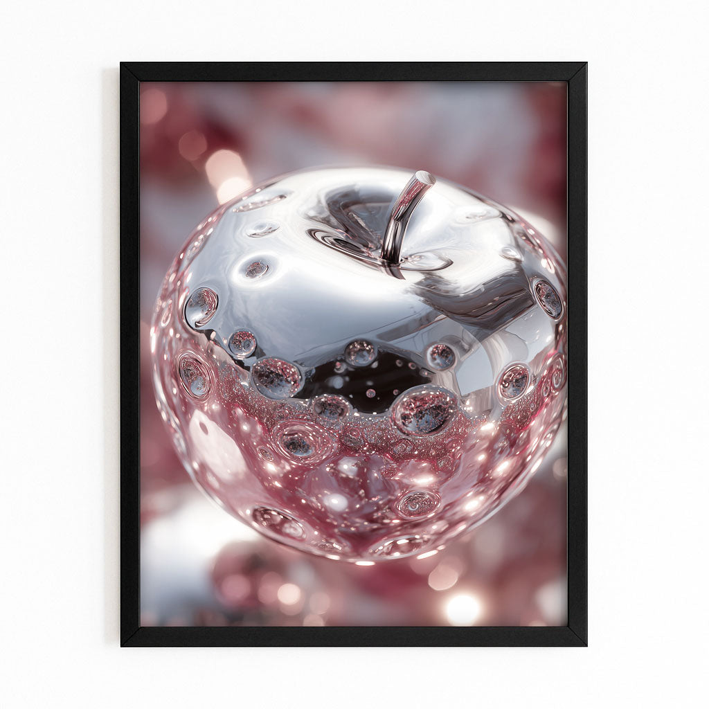 Liquid Silver Apple Wall Art – with Premium Black frame on white background